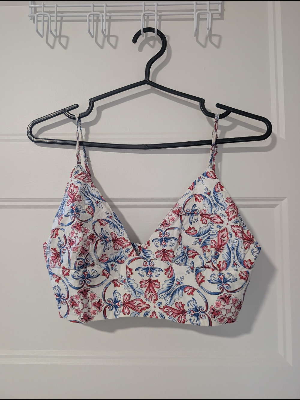 Mango White Crop Cami Top with Red & Blue Floral Motif